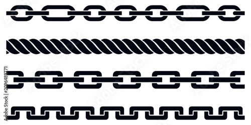 Black borders including chains and rope designs. Black graphic borders featuring chain links, a twisted rope, and geometric patterns. Suitable for decorative purposes and design elements.