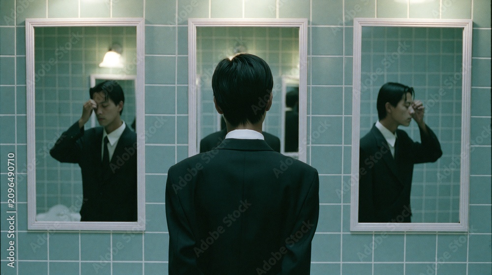 Fototapeta premium Young man in suit looks into mirrors in early morning bathroom