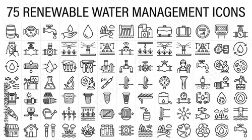 75 Renewable Water Management Icons Set: Sustainable Water Resource and Purification Systems