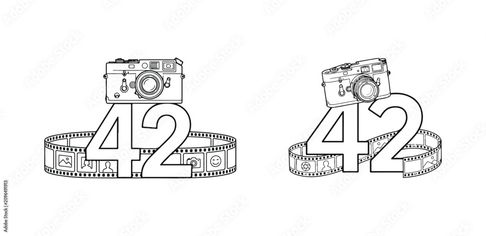 Fototapeta premium Vintage camera and filmstrip with number 42 line art illustration