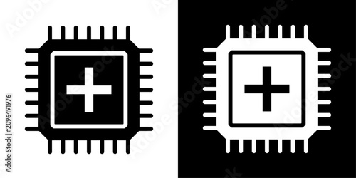 Konstfotografi Line style microchip icon with plus symbol, ideal for medical technology, healthcare AI, and processor add-on apps for business and tech