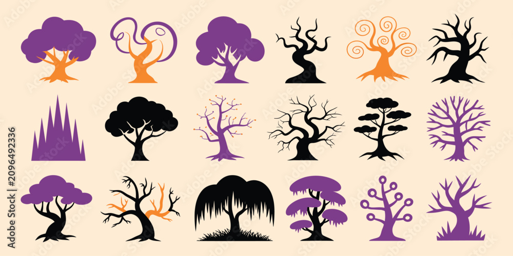 Obraz premium Collection of stylized tree silhouettes and in purple, orange, and black colors, featuring various shapes including deciduous, coniferous, bare, and abstract whimsical tree