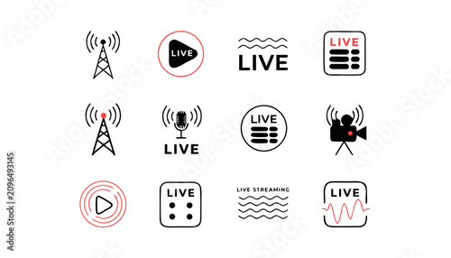 Live streaming icons set. Vector broadcast symbols for digital media and online video content.
