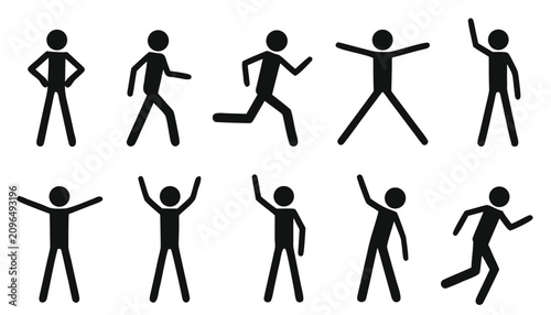 Stick figure icons set showing human actions. Vector silhouettes of people in various poses.