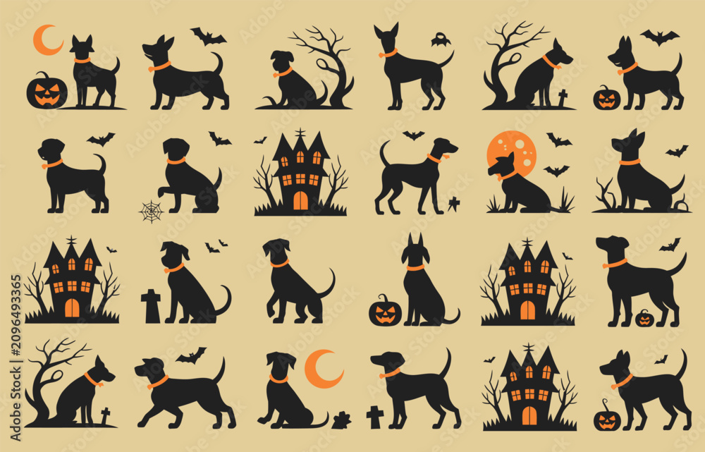 Obraz premium Halloween dog silhouettes with haunted houses, jack-o'-lanterns, bats, and full moons on a beige background