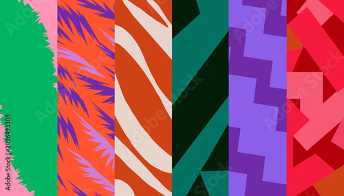 Abstract geometric pattern set. Colorful vertical panels with modern shapes and vibrant textures.
