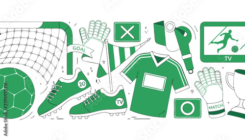 Soccer equipment icon set. Football gear collection with ball, jersey, and goal net graphics.