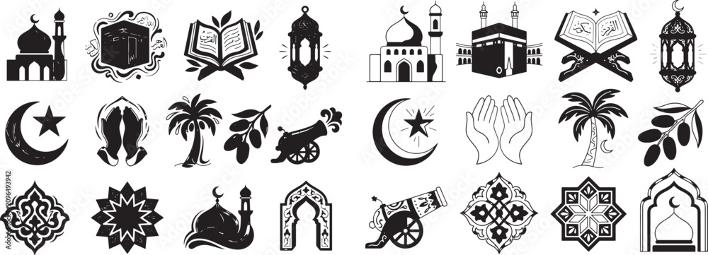 Fototapeta premium Islamic architecture and spiritual ambiance. Serene mosque exterior with domes and minarets at sunset. 