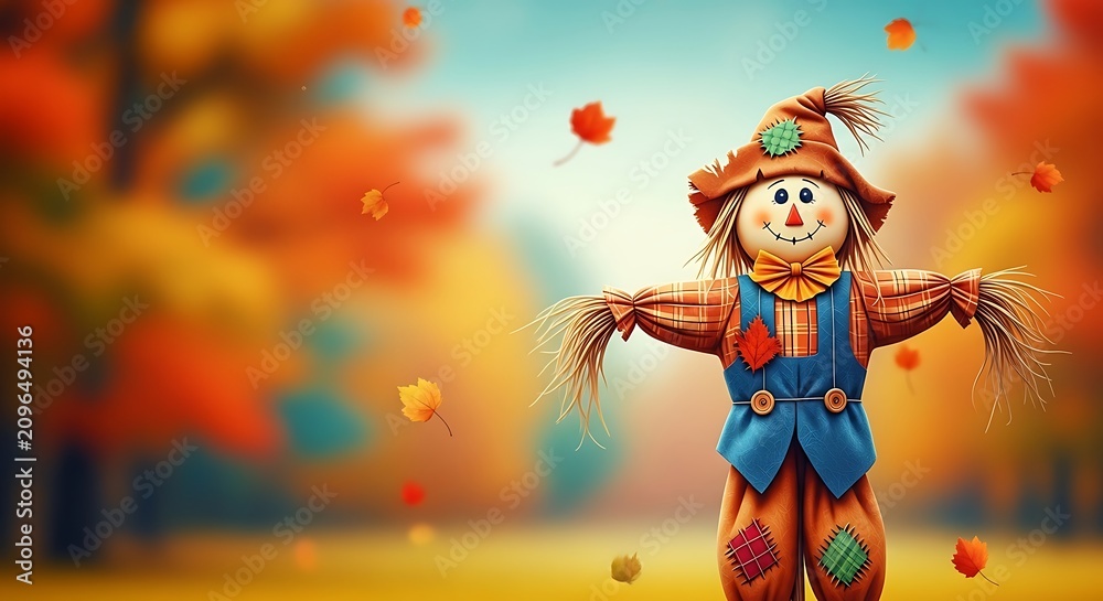 Naklejka premium Charming scarecrow in autumnal orchard with falling leaves