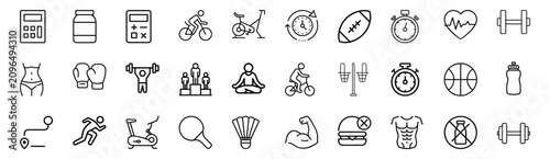 Foto Fitness and sports line icons set with gym equipment, healthy body workout, acti