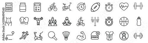Foto Fitness and sports line icons set with gym equipment, healthy body workout, acti