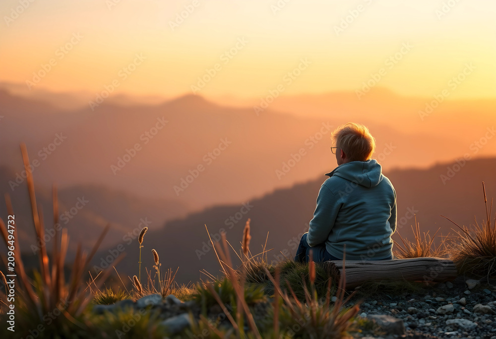 Obraz premium Person sitting on log overlooking mountain landscape at sunset