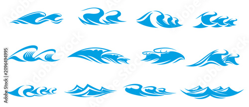 Foto Blue sea wave icons, ocean surf and tsunami symbols