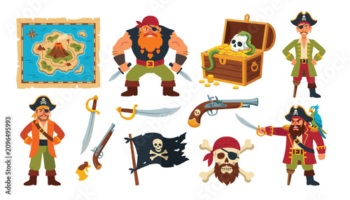 Konstfotografi Pirate vector elements set containing captain character treasure chest map flag