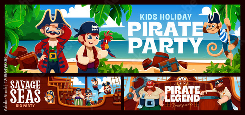 Photography Cartoon kid, animal and corsair pirate characters party banners with cheerful ad