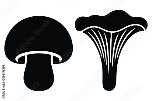 Cuadro en lienzo Black silhouette icons of a button mushroom and chanterelle with mushroom chante
