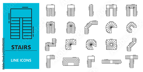 Top view stair icons including straight, L shaped, U shaped, spiral, curved, winding and T shaped staircase layouts. Monochrome outline floor plan staircase icons for architectural software