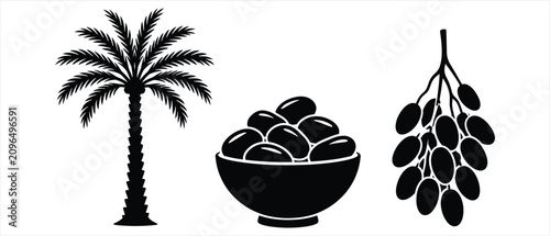 Vászonkép Date palm tree and fruit harvest icon set with middle eastern tree branch agricu