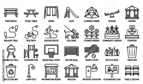 Cuadro en lienzo Minimal outdoor park and community leisure vector icon set with playground equip