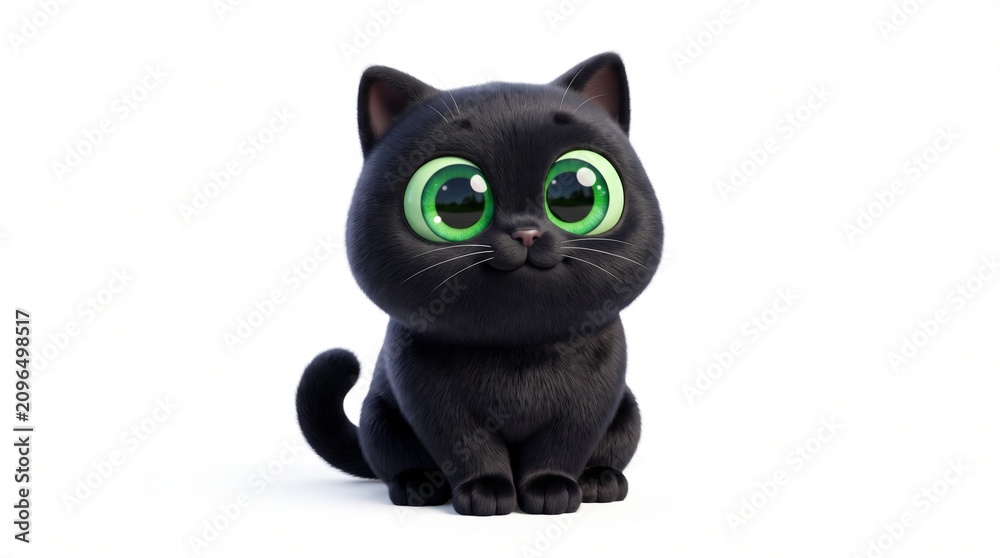 Fototapeta premium Cute Black Kitten with Big Green Eyes Sitting on White Background