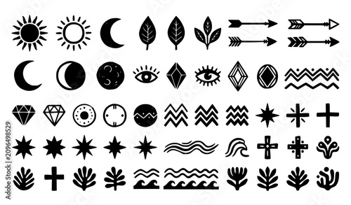 Photos Abstract linocut geometric symbol set with primitive folk cutout icons for brand