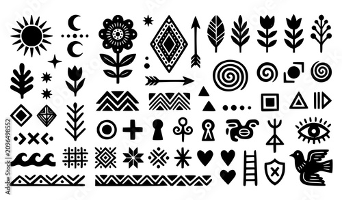 Photos Minimal abstract folk linocut geometric icons with handcrafted branding symbols