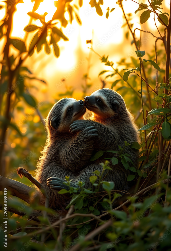 Fototapeta premium Two affectionate baby sloths embracing in natural habitat at golden hour