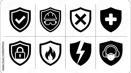A set of shield icons with various symbols and markings is presented in a grid layout for graphic design purposes.