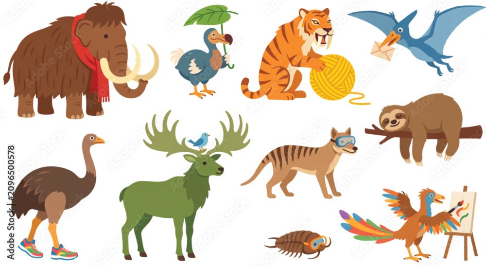 Fototapeta premium Funny Cartoon Extinct and Prehistoric Animals Collection Vector Illustration Set