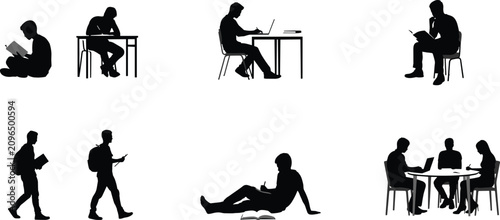 Quadro su tela Silhouettes of people reading and studying in various poses learning