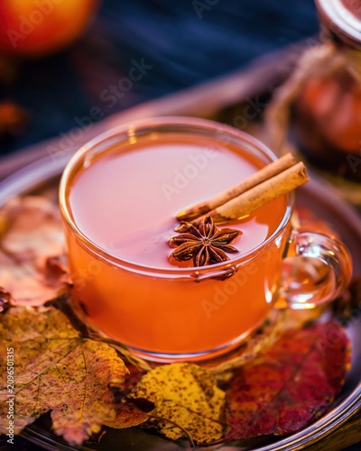 Apple Cider with Cinnamon and Star Anise in Glass Mug