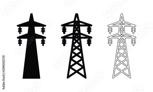 Fotografía Power transmission tower vector icons, electrical utility pylons, high voltage line symbols for energy networks, engineering, and infrastructure projects