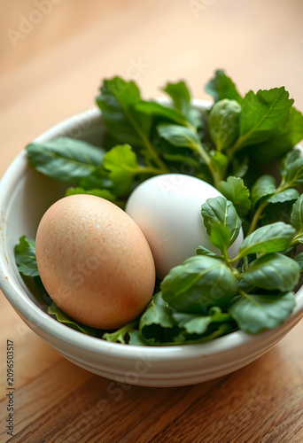 Two fresh eggs with leafy g...