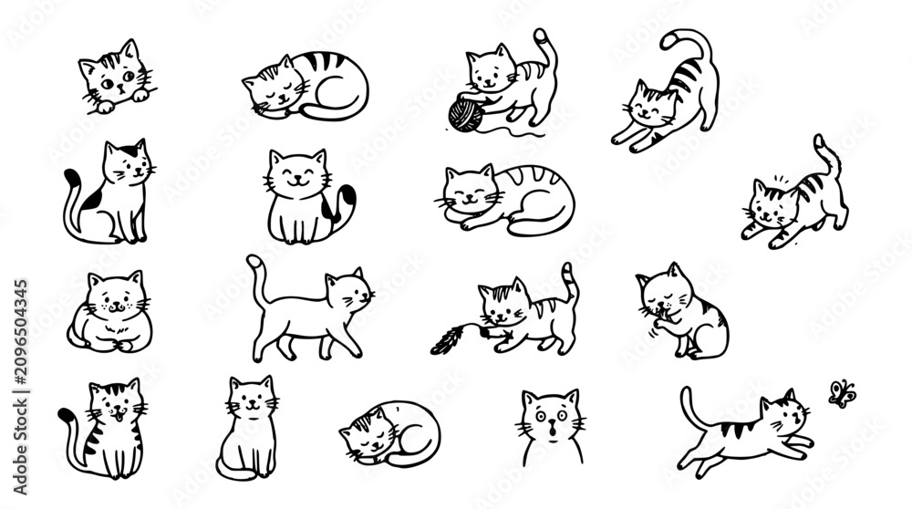 Obraz premium Cute cartoon cat line icons set featuring playful kittens sleeping stretching walking playing with yarn and sitting poses elements