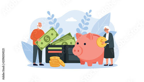Cuadro en lienzo Elderly couple saving money in piggy bank and wallet retirement fund finance pla