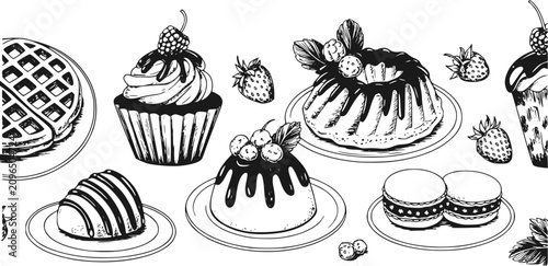 Cuadro en lienzo 白背景にあるカップケーキ、ワッフル、プリン、マカロンなどの美味しいデザートの手描きコレクション