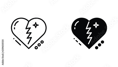 Fotografie Broken heart vector icon isolated on white Black and white outline line art and