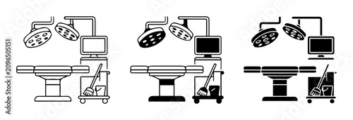 Operating room equipment silhouette icons, medical procedure tools, hospital interior