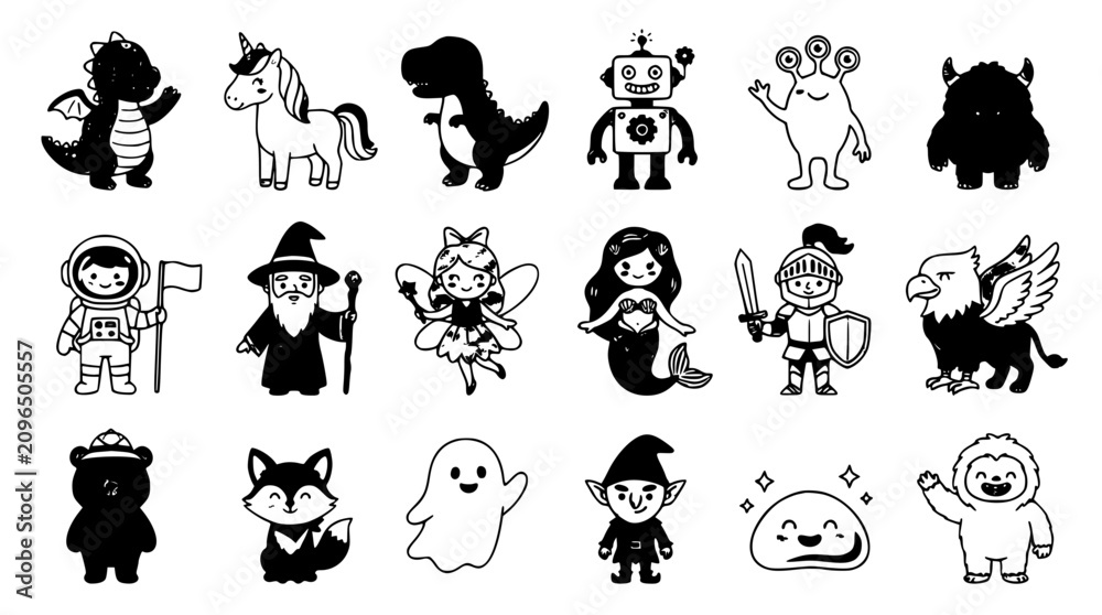 Fototapeta premium Cute cartoon fantasy character icon set featuring mythical creatures, monsters, and fairytale figures for children graphic design projects