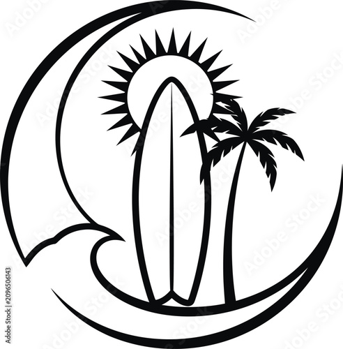 Canvas Print Summer surfing beach resort emblem with palm tree