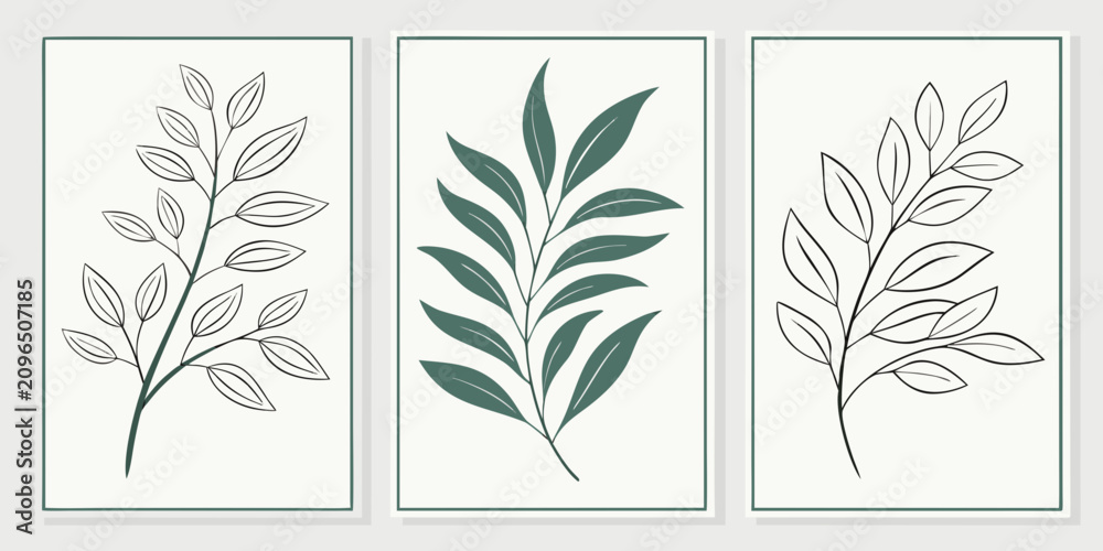 Fototapeta premium Minimalist line leaves, three vein patterns, black and white