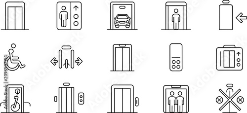 Elevator showing different types of lifts including car lifts accessibility and security scanners icon set