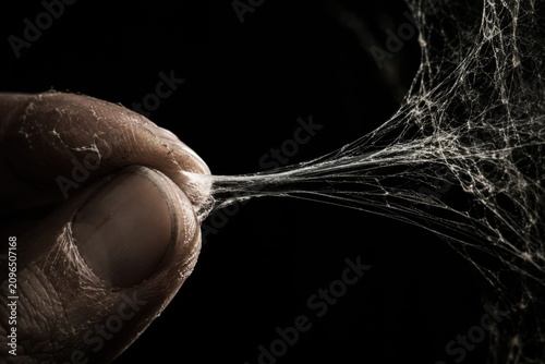 Close up of finger touching sticky white spider web strands over black background