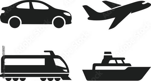 Transportation Methods Icons Including Car Plane Train and Boat