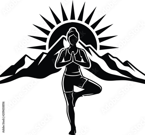 Yoga Tree Pose Silhouette with Mountains and Sun