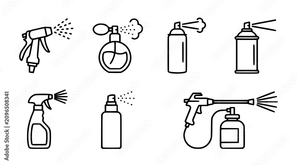 Obraz premium Spray bottle and pressure nozzle line icon set featuring aerosol cans perfume atomizers garden hoses and industrial paint sprayers vector symbols