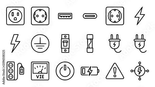 Tableau sur toile Electricity icon set with power outlet plug usb type c battery grounding fuse ci