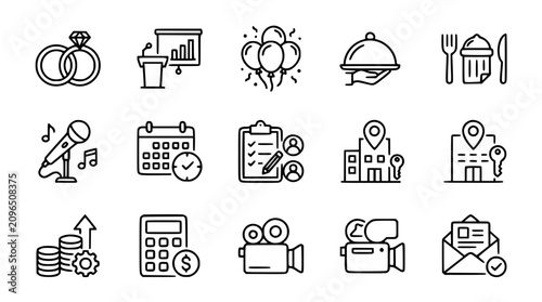 Konstfotografi Event management and wedding planning line icon set featuring catering services