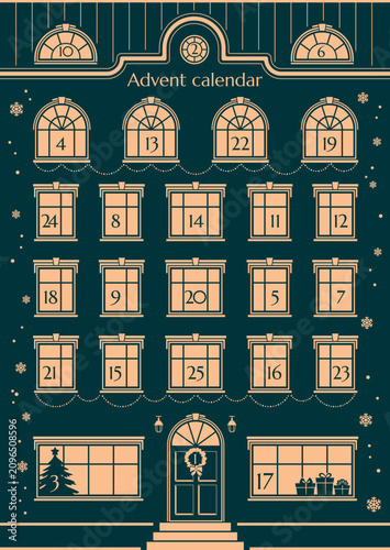 Elegant vector illustration of a Christmas advent calendar designed as a festive house with numbered windows. Dark green background with golden decorative elements in a minimal vintage style.