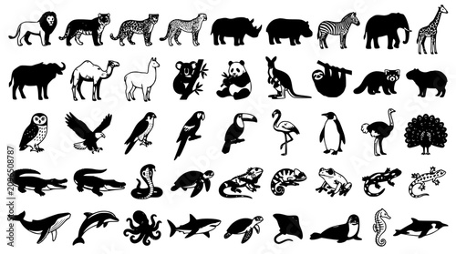Photography Wild animals birds reptiles and marine sea life icon collection featuring black